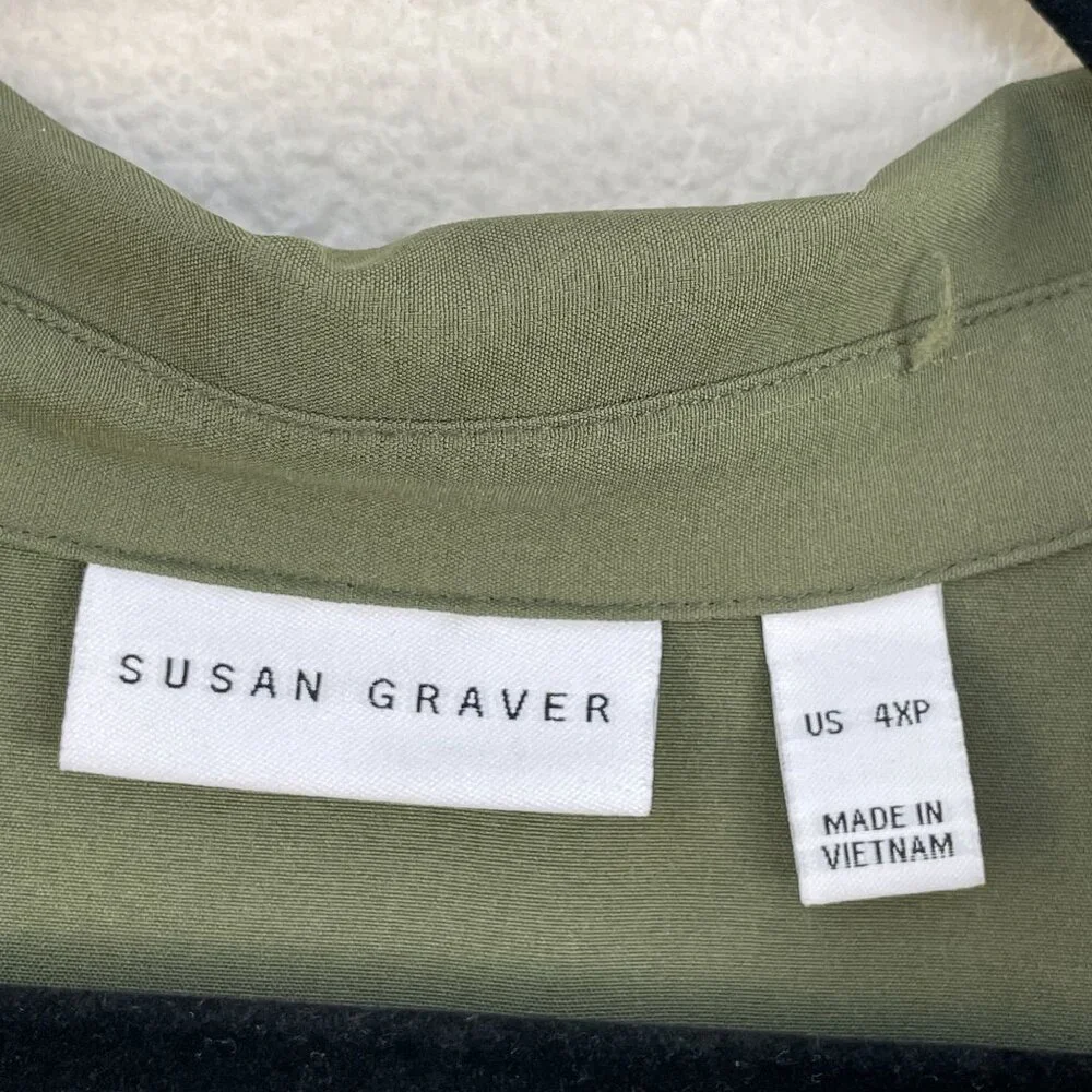 Susan Graver Woman Plus 4XP Olive Green Button UpTunic Shirt Pockets Long Sleeve - Picture 3 of 9